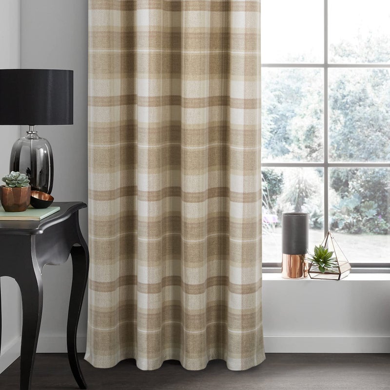always4u Plaid Curtains for Bedroom Living Room 100% Blackout Thermal Energy Saving Woolen Look Grommet Curtains 63 Inch Length 2 Panels Beige - Image 3